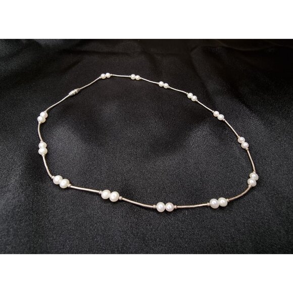 Vintage Sterling Silver 925 Necklace With Genuine White Pearls - Picture 2 of 5